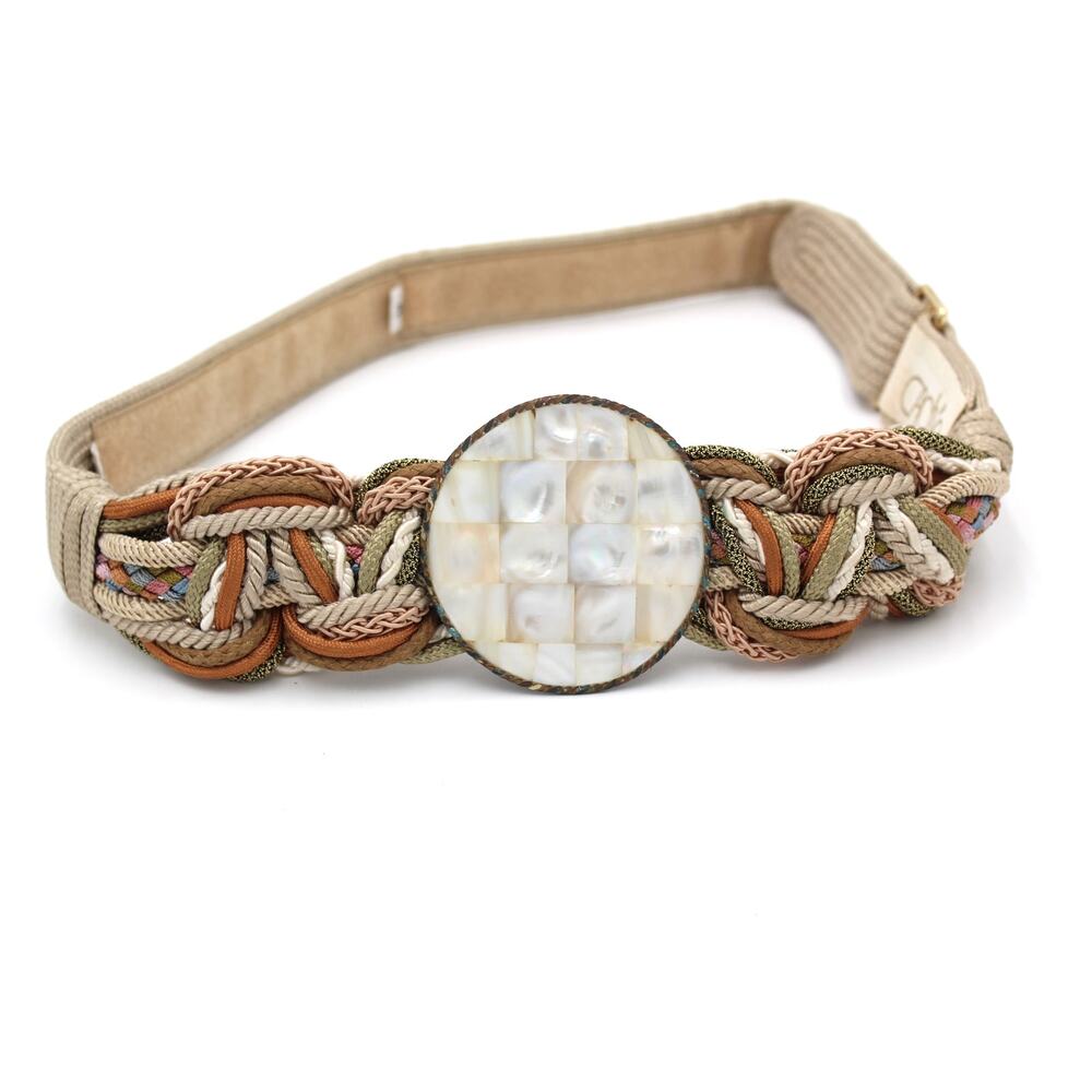 Vintage 80s Cache Belt Shell Buckle Womens Medium Beige Braided Boho Adjustable